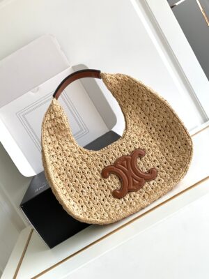 CELINE CLASSIC PANIER HOBO BAG IN RAFFIA AND CALFSKIN