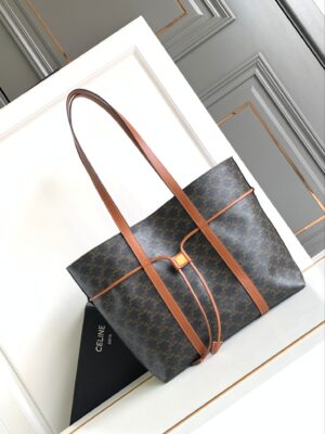 CELINE CABAS DRAWSTRING IN TRIOMPHE CANVAS AND CALFSKIN TAN