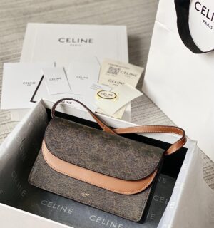 CELINE WALLET ON STRAP IN TRIOMPHE CANVAS AND SMOOTH LAMBSKIN TAN