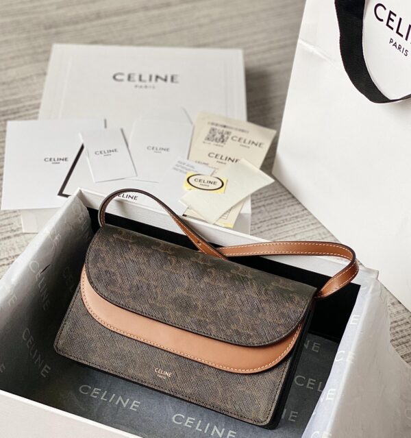 CELINE WALLET ON STRAP IN TRIOMPHE CANVAS AND SMOOTH LAMBSKIN TAN