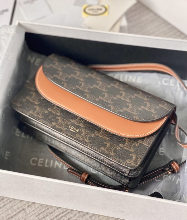 CELINE WALLET ON STRAP IN TRIOMPHE CANVAS AND SMOOTH LAMBSKIN TAN