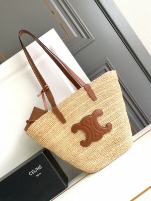Celine MEDIUM SUPPLE CELINE CLASSIC PANIER IN RAFFIA AND CALFSKIN