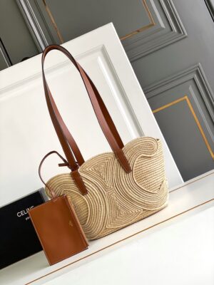 CELINE CELINE CLASSIC PANIER SMALL BRAIDED TRIOMPHE IN RAFFIA AND CALFSKIN TAN