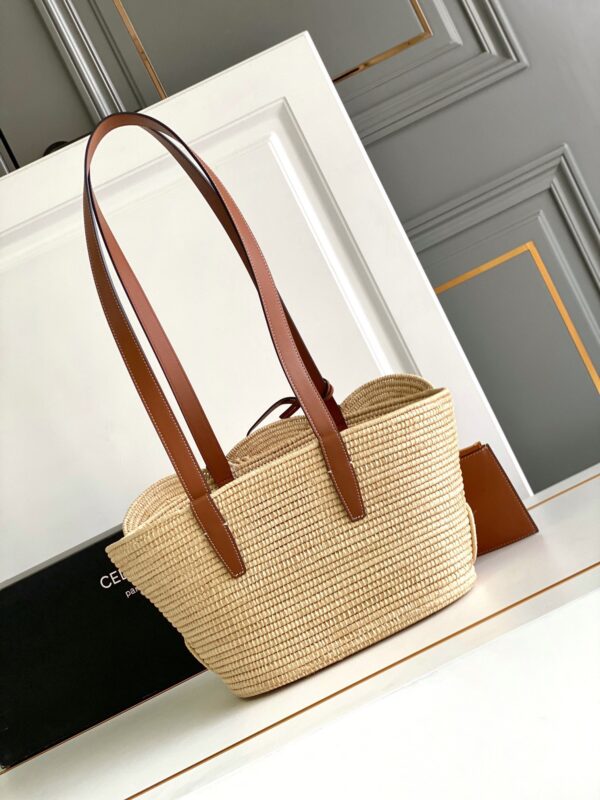 CELINE CELINE CLASSIC PANIER SMALL BRAIDED TRIOMPHE IN RAFFIA AND CALFSKIN TAN