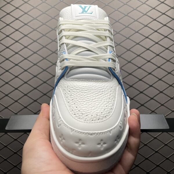 White and blue low-top casual sneakers