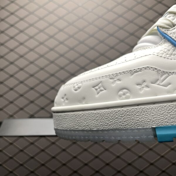 White and blue low-top casual sneakers