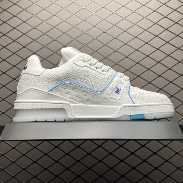 White and blue low-top casual sneakers
