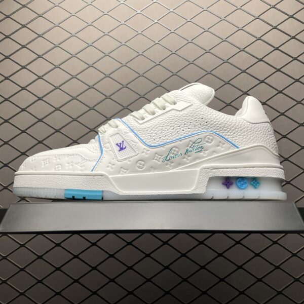 White and blue low-top casual sneakers