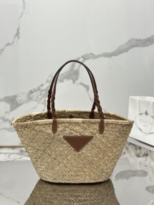 Prada Woven Palm And Leather Tote