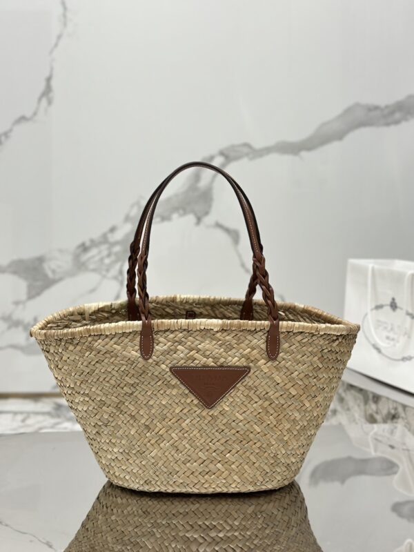 Prada Woven Palm And Leather Tote