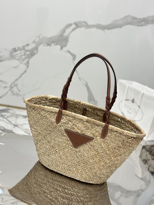 Prada Woven Palm And Leather Tote