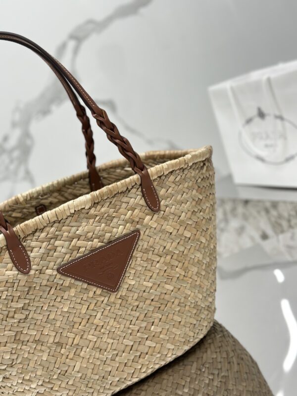 Prada Woven Palm And Leather Tote
