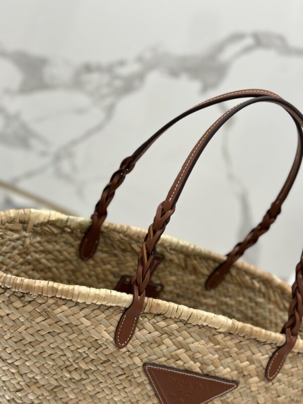Prada Woven Palm And Leather Tote