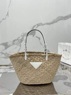 Prada Woven Palm And Leather Tote